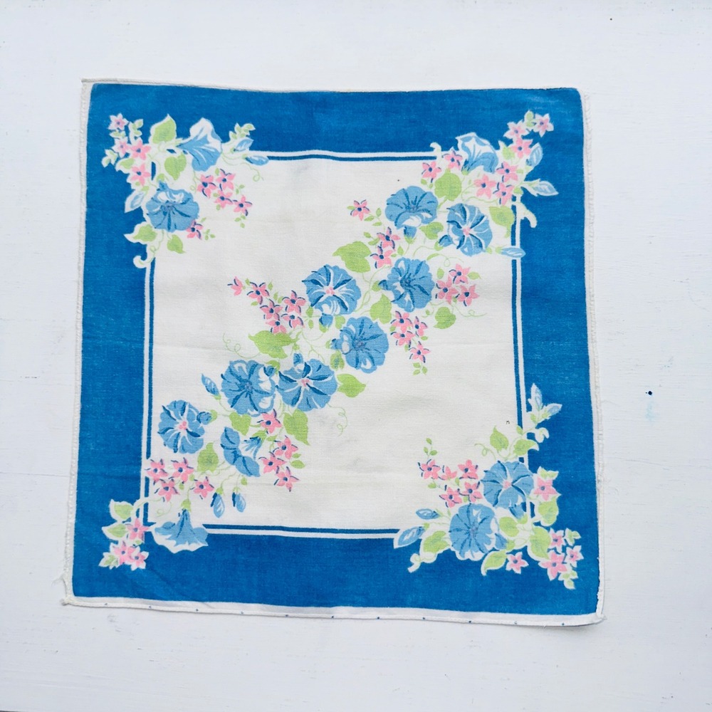 Vintage Blue Morning Glory Floral Print Cotton Handkerchief Pocket Square
